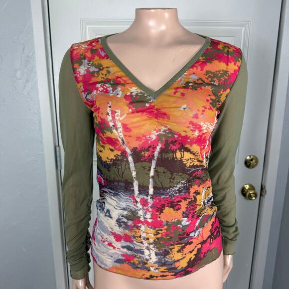 Dkny Tops - Vintage y2K DKNY Women's Shirt Small Long sleeve Floral Printed V neck Sheer QQ2